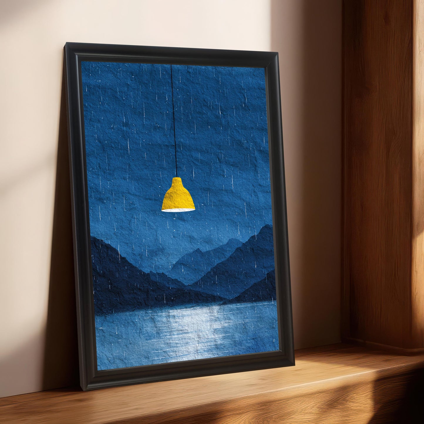 The dark blue rainy landscape art print in a black frame, leaning on a wooden window sill or shelf against a light beige wall. Sunlight highlights the frame and the reflective water in the print.