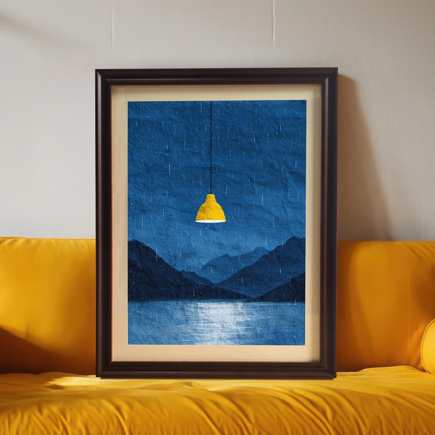 The dark blue rainy landscape art print in a dark brown/coffee frame with a mount/mat, positioned centrally on a bright, textured yellow sofa or cushion.