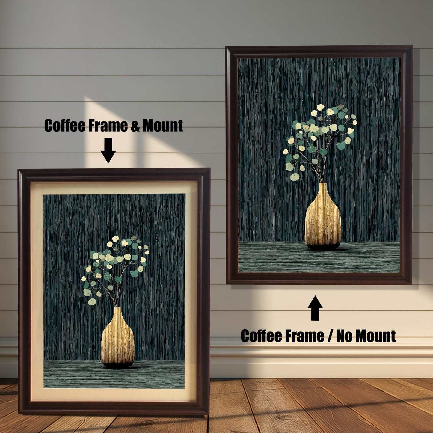 A side-by-side comparison of the golden vase and eucalyptus art print framed in a Coffee Frame. The image on the left shows the print with a mount (matting), and the image on the right shows it without a mount.