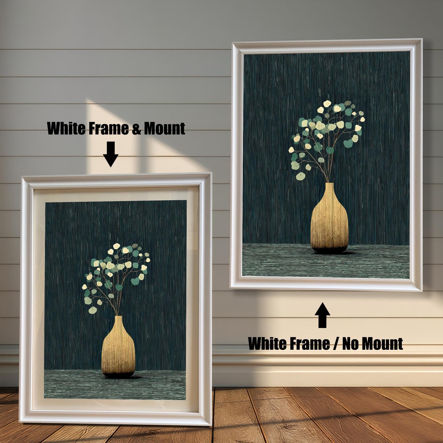 A side-by-side comparison of the golden vase and eucalyptus art print framed in a White Frame. The image on the left shows the print with a mount (matting), and the image on the right shows it without a mount.