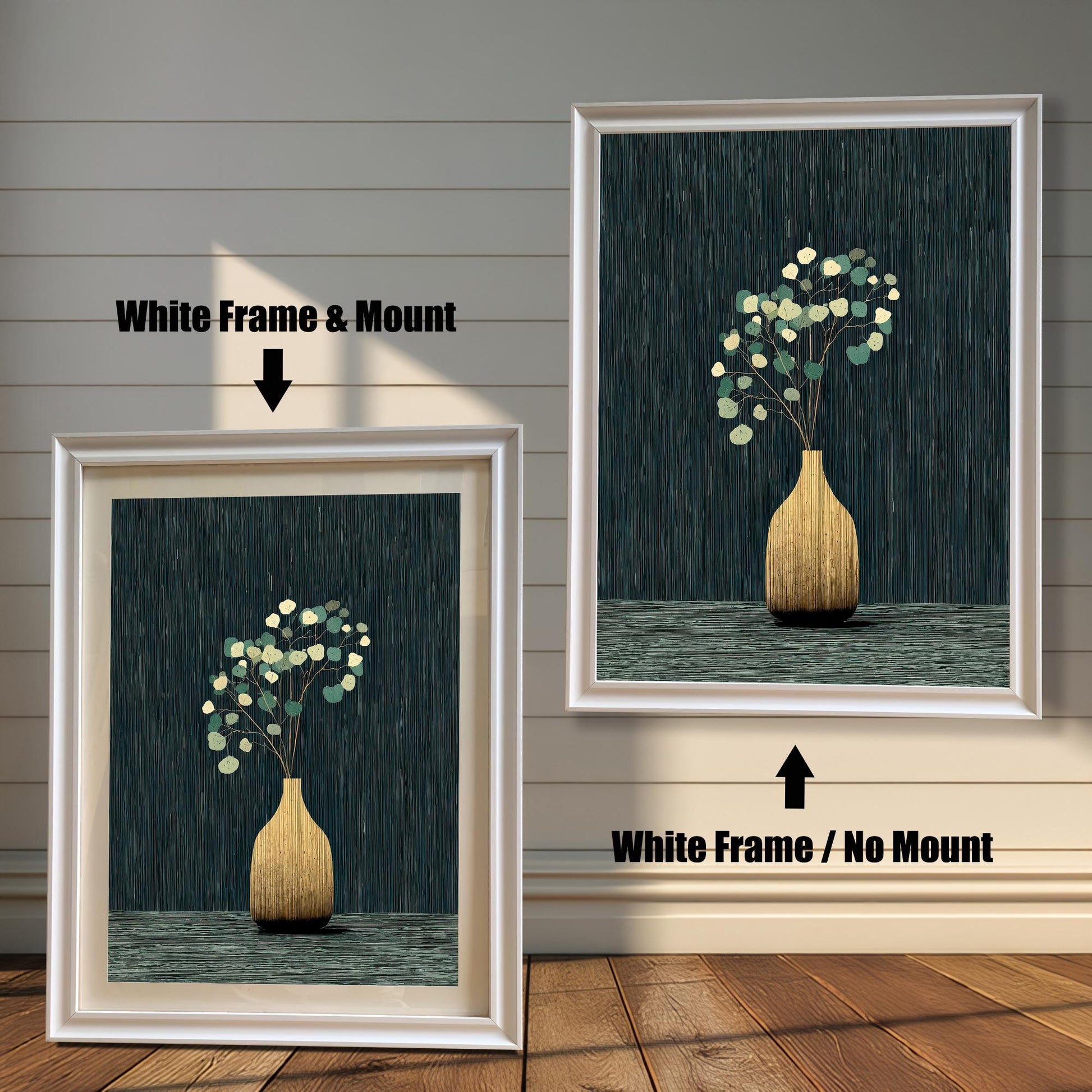 A side-by-side comparison of the golden vase and eucalyptus art print framed in a White Frame. The image on the left shows the print with a mount (matting), and the image on the right shows it without a mount.