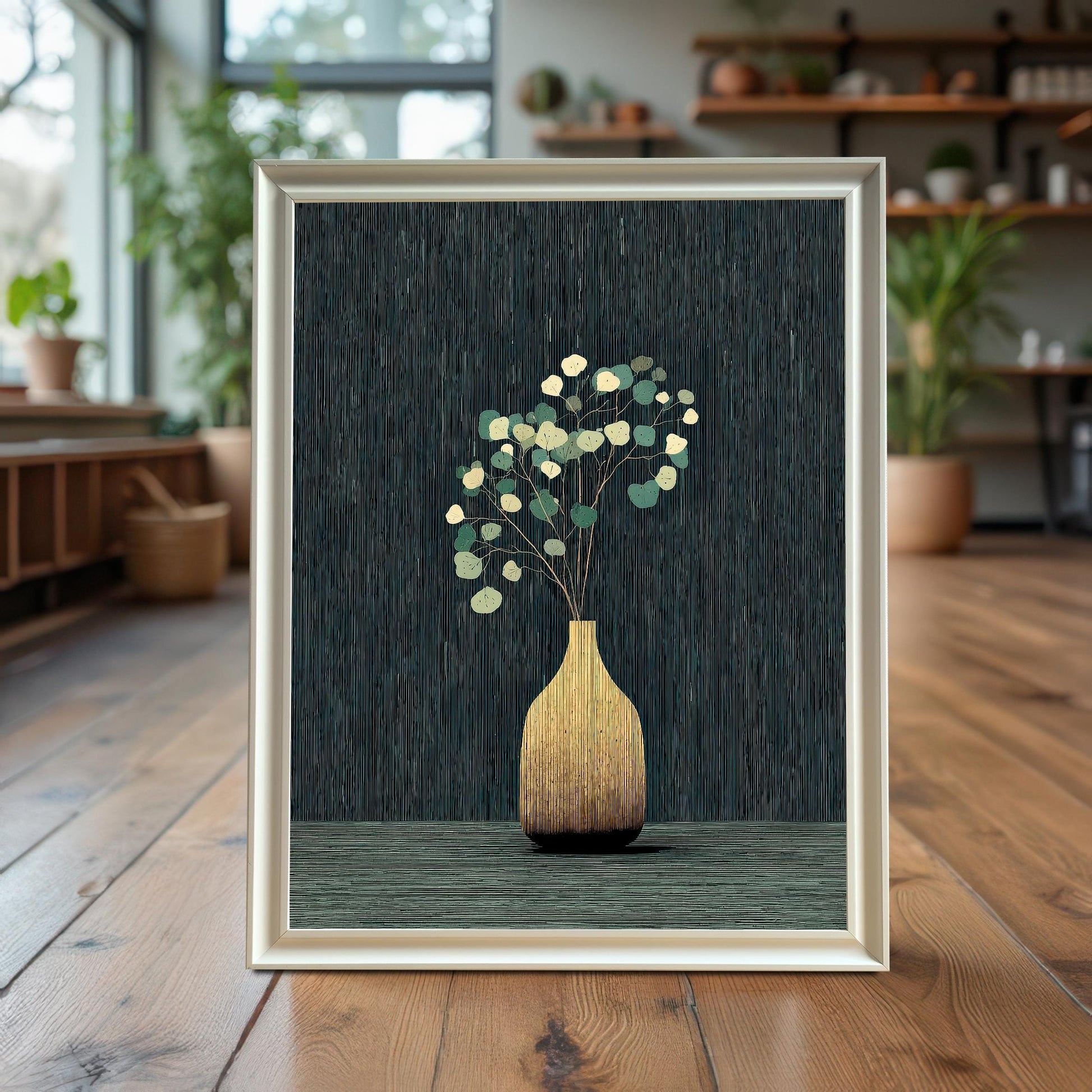 The golden vase and eucalyptus art print in a White/Light Frame without a mount, standing on a hardwood floor in a brightly lit room with large windows and shelving with plants in the background.