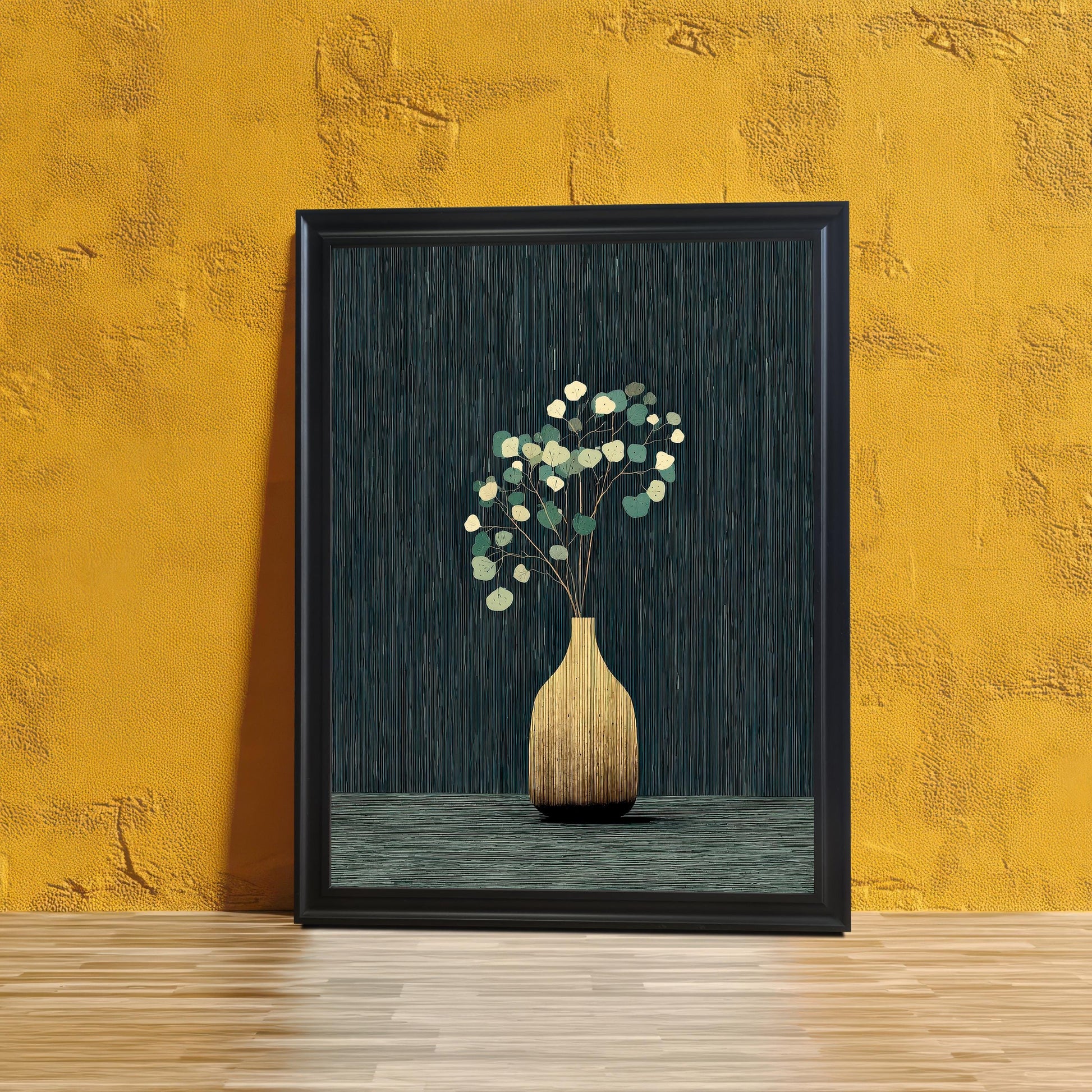 The golden vase and eucalyptus art print in a Black Frame without a mount, leaning against a textured, vibrant yellow wall, with a light wood floor.