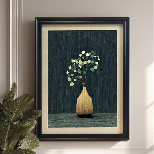 The golden vase and eucalyptus art print in a Black Frame with a mount, hanging on a paneled white/cream wall. A large leafy houseplant is visible in the lower left foreground.