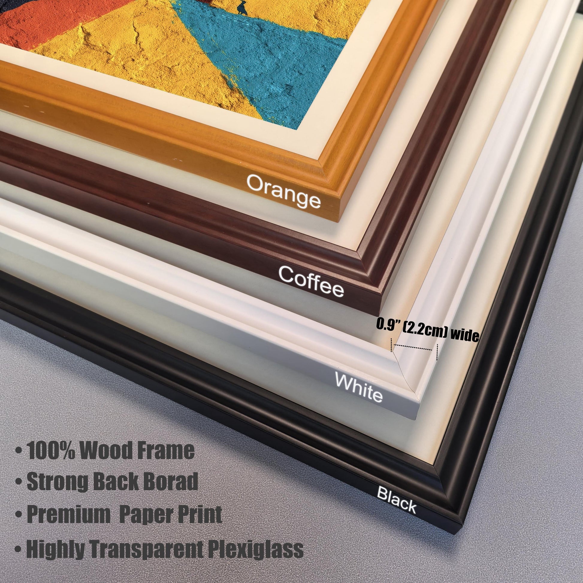 A stacked close-up view of four frame corners (Orange, Coffee, White, Black) showing the material and profile. The frames are labeled and shown to be 0.9"" [2.2cm] wide. Additional text highlights product features: • 100% Wood Frame, • Strong Back Borad (sic), • Premium Paper Print, and • Highly Transparent Plexiglass.