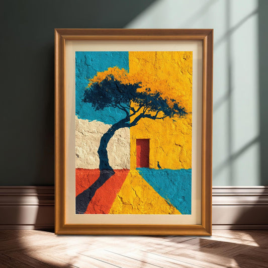 A framed art print with an orange/light wood frame and a mount/matting, leaning against a dark teal wall on a wooden floor with dramatic shadows. The art features a tree and abstract blocks of color.