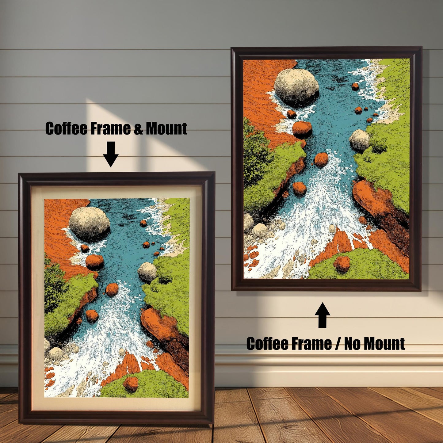 Comparison image showing two framed art prints against a white wainscoting wall. The left print uses a Coffee Frame & Mount (matting). The right print uses a Coffee Frame / No Mount. The art is a vibrant, textured illustration of a rocky river with rushing water.