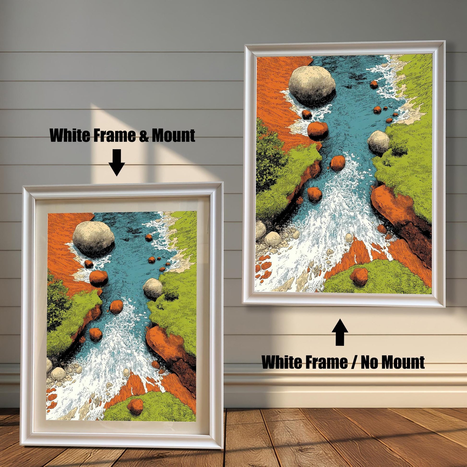 Comparison image showing two framed art prints against a white wainscoting wall. The left print uses a White Frame & Mount (matting). The right print uses a White Frame / No Mount. The art is a vibrant, textured illustration of a rocky river with rushing water.
