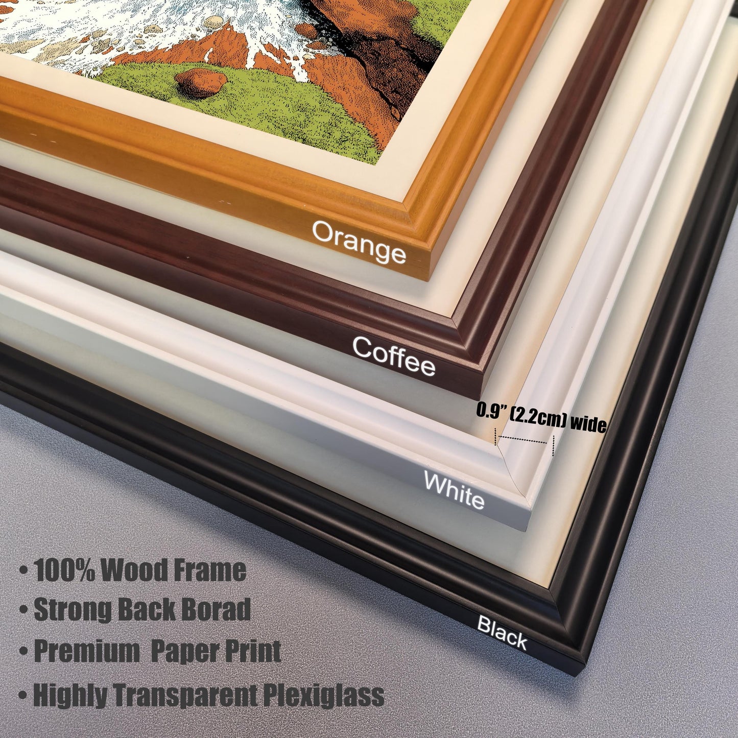A stacked close-up view of four frame corners (Orange, Coffee, White, Black) showing the material and profile. The frames are labeled and shown to be 0.9"" [2.2cm] wide. Additional text highlights product features: • 100% Wood Frame, • Strong Back Borad (sic), • Premium Paper Print, and • Highly Transparent Plexiglass.