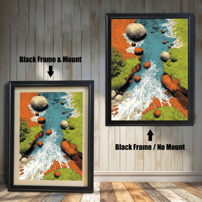 Comparison image showing two framed art prints against a white wainscoting wall. The left print uses a Black Frame & Mount (matting). The right print uses a Black Frame / No Mount. The art is a vibrant, textured illustration of a rocky river with rushing water.