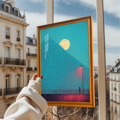 A hand holding up the framed art print (in an Orange/light wood frame) in front of an apartment window overlooking a cityscape on a sunny day. The art is a moody, minimal landscape with a blue pyramid, yellow moon, and red lamp post.