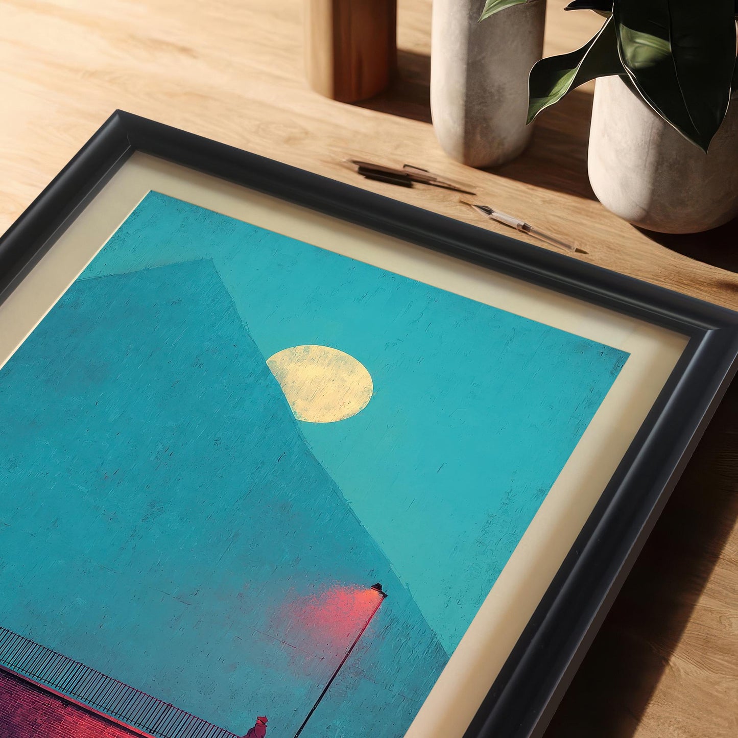 Extreme close-up shot of the framed art print (black frame with matting) lying on a wooden desk. The image highlights the texture, the large blue pyramid shape, the yellow moon, and the red glow from the street lamp onto the silhouette of the person.