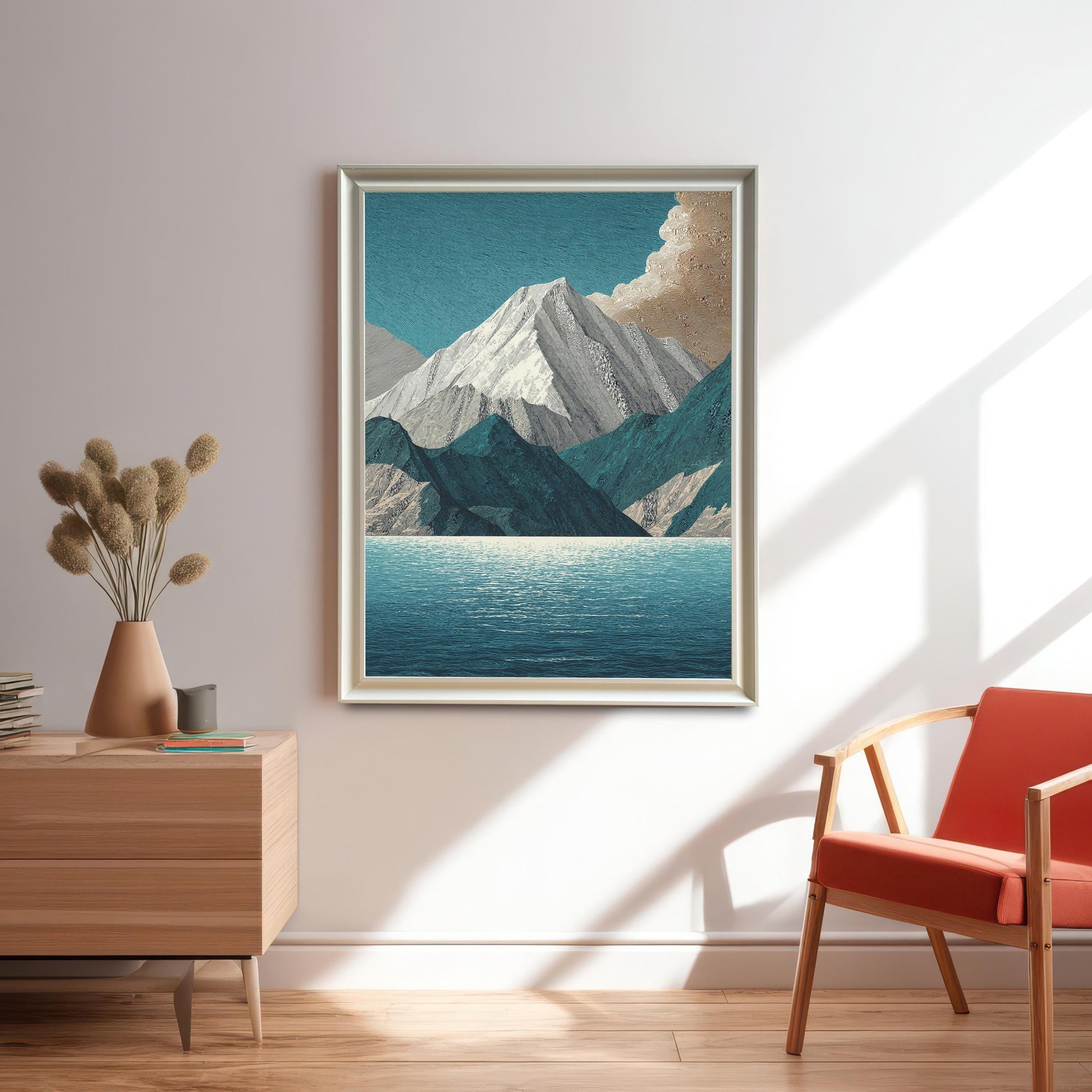 Wood Framed Mountain Lake Landscape Art Print Wall Decor