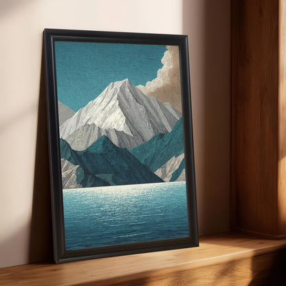 The mountain and lake art print in a black frame, leaning on a wooden window sill or shelf against a light beige wall. Sunlight streams in from the side, illuminating the frame and the wooden surface.