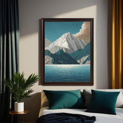 The mountain and lake art print in a dark brown/coffee frame, hanging on a beige wall above a bed. The room features a dark teal curtain on the left, a yellow curtain on the right, green throw pillows, and a potted plant on a bedside table.