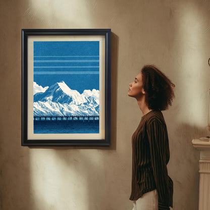 A woman in a brown striped shirt looks up at a framed art print of a blue mountain and bridge scene hanging on a textured beige wall. The print is in a black frame with a light-colored mount/mat.