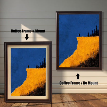 Comparison image showing the Coffee (dark brown) frame options: on the left, a framed cliff print with a mount/mat; on the right, the print in a Coffee frame with no mount. Both on a white paneled wooden wall background.