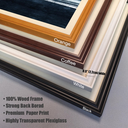 Close-up corner view showing the four wood frame colors: Orange, Coffee (dark brown), White, and Black. Text describes features: 100% Wood Frame, Strong Backboard, Premium Paper Print, Highly Transparent Plexiglass. Frame width is 0.9"" (2.2cm).