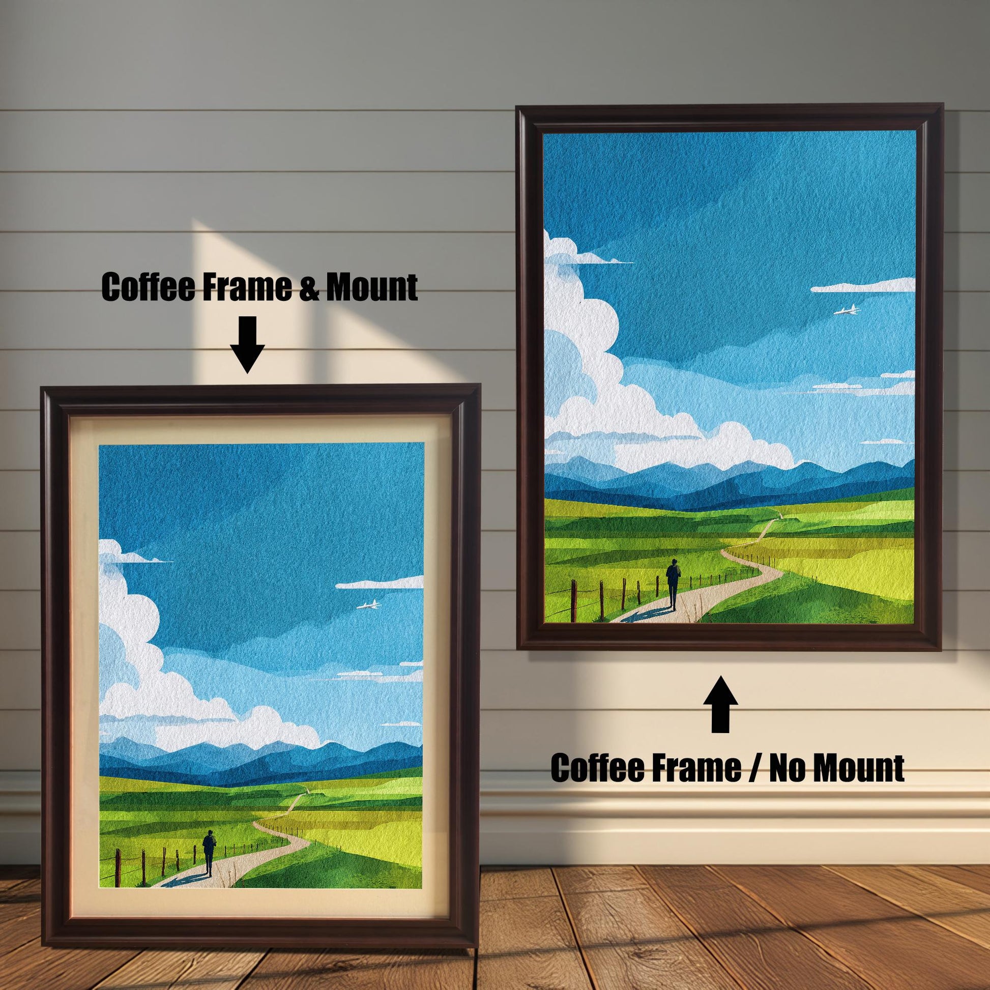 Comparison image showing the Coffee (dark brown) frame options: on the left, a framed print with a cream-colored mount/mat; on the right, the print in a Coffee frame with no mount. Both on a white paneled wooden wall background.