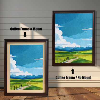 Comparison image showing the Coffee (dark brown) frame options: on the left, a framed print with a cream-colored mount/mat; on the right, the print in a Coffee frame with no mount. Both on a white paneled wooden wall background.