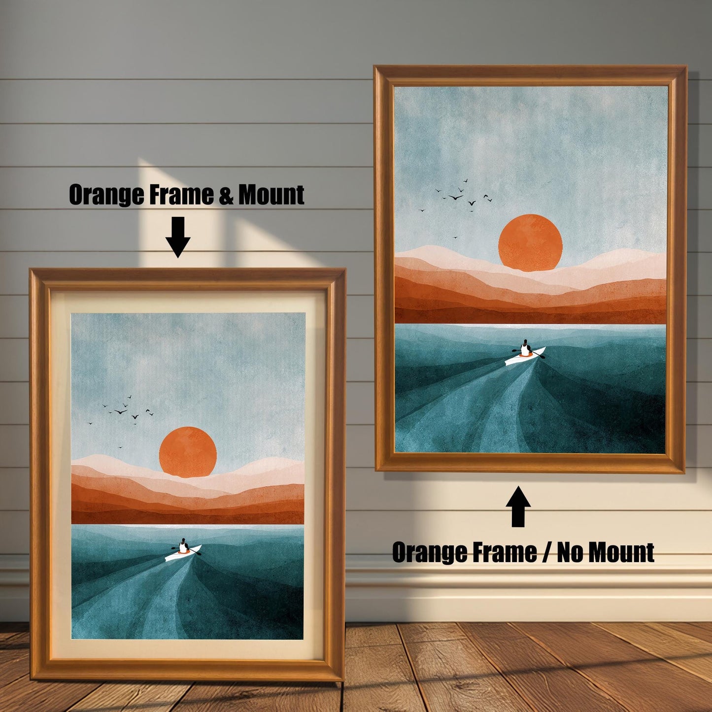 Comparison image showing the Orange wood frame options: on the left, a framed print with a mount/mat; on the right, the same print in an orange frame with no mount. Both on a paneled wooden wall background.