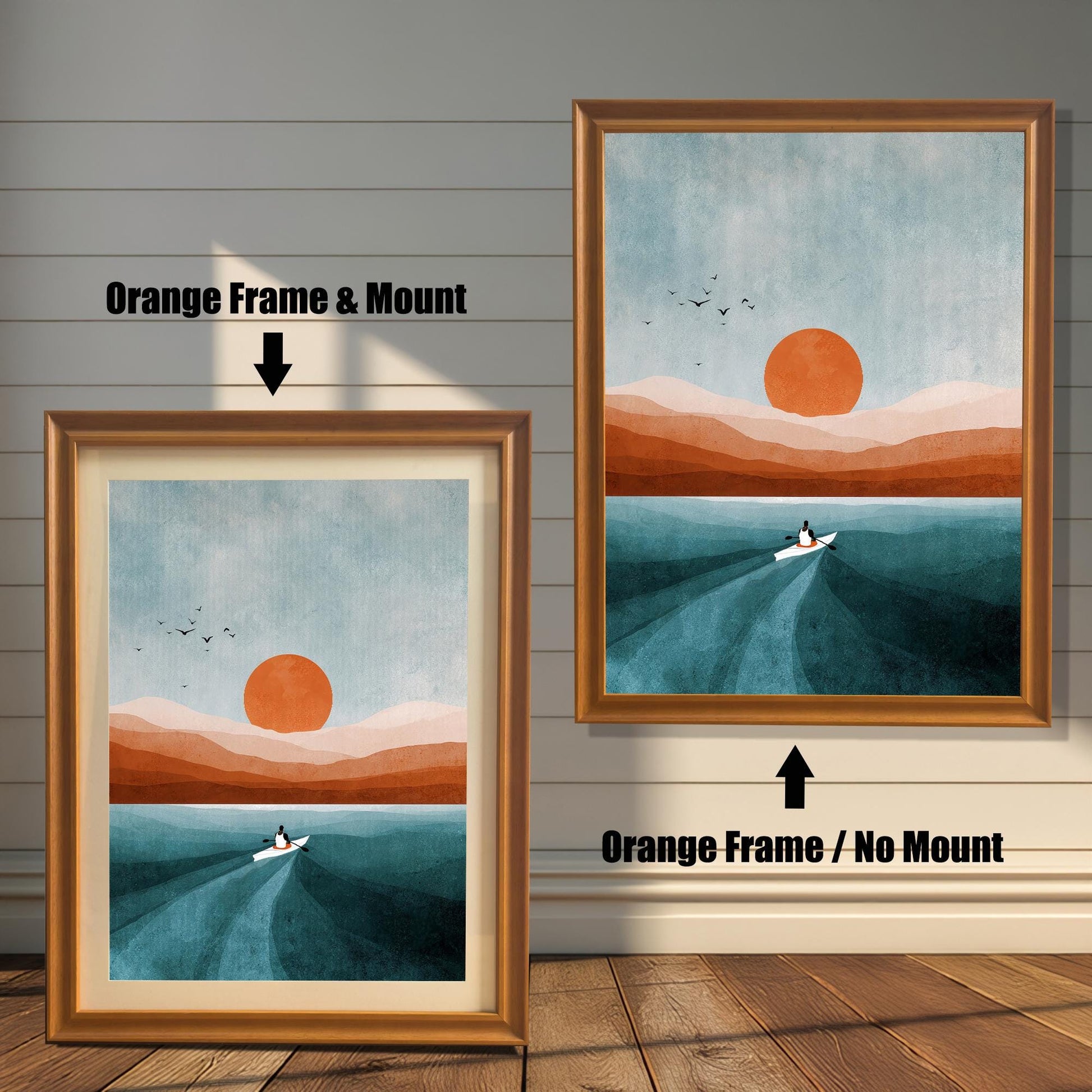 Comparison image showing the Orange wood frame options: on the left, a framed print with a mount/mat; on the right, the same print in an orange frame with no mount. Both on a paneled wooden wall background.