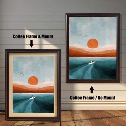 Comparison image showing the Coffee (dark brown) frame options: on the left, a framed print with a cream-colored mount/mat; on the right, the same print in a Coffee frame with no mount. Both on a white paneled wooden wall background.