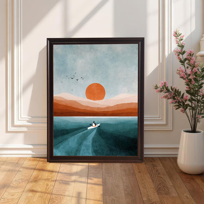 Framed art print in a Coffee (dark brown) wood frame (no mount), leaning on a sunlit wooden floor against a white paneled wall. A white vase with tall pink flowers is on the right. Shows the print in a classic/transitional decor setting.