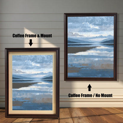 Comparison image showing the abstract landscape print in a Coffee Frame with a light-colored Mount (matting) on the left, and the same print in a Coffee Frame with No Mount on the right, against a white wooden wall.