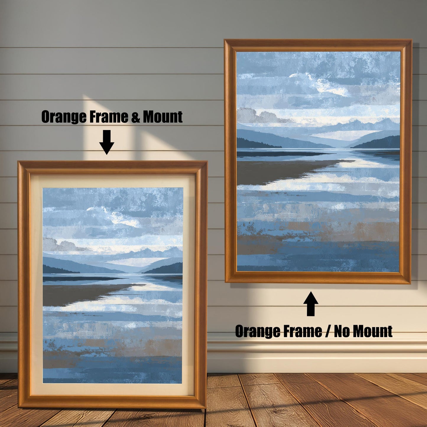 Comparison image showing the abstract landscape print in an Orange Frame with a light-colored Mount (matting) on the left, and the same print in an Orange Frame with No Mount on the right, against a white wooden wall.