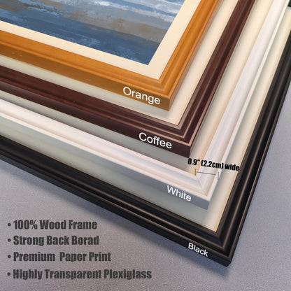 Close-up stack of corner samples showing four available 0.9"" (2.2cm) wide wood frame colors: Orange, Coffee, White, and Black. Text highlights key features: 100% Wood Frame, Strong Back Board, Premium Paper Print, and Highly Transparent Plexiglass.