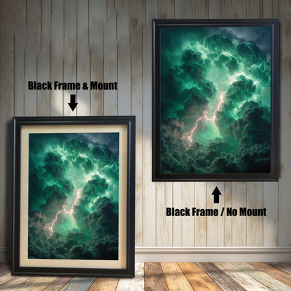 Two examples of the art print on a rustic wood-paneled wall. The left print shows a Black Frame & Mount (matting) around the image. The right print shows a Black Frame / No Mount.