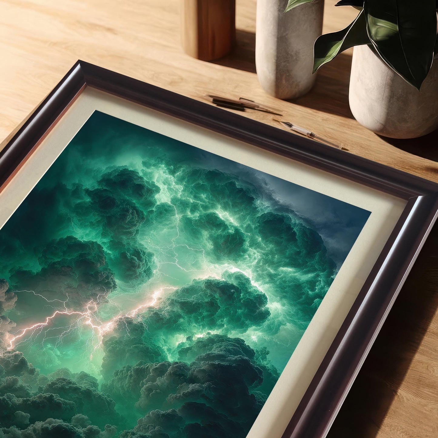 A close-up, angled view of the framed art print of green storm clouds and lightning resting on a wooden desk. The frame is Coffee (dark brown) with a cream-colored mat (Mount). The background shows desk accessories and a potted plant.