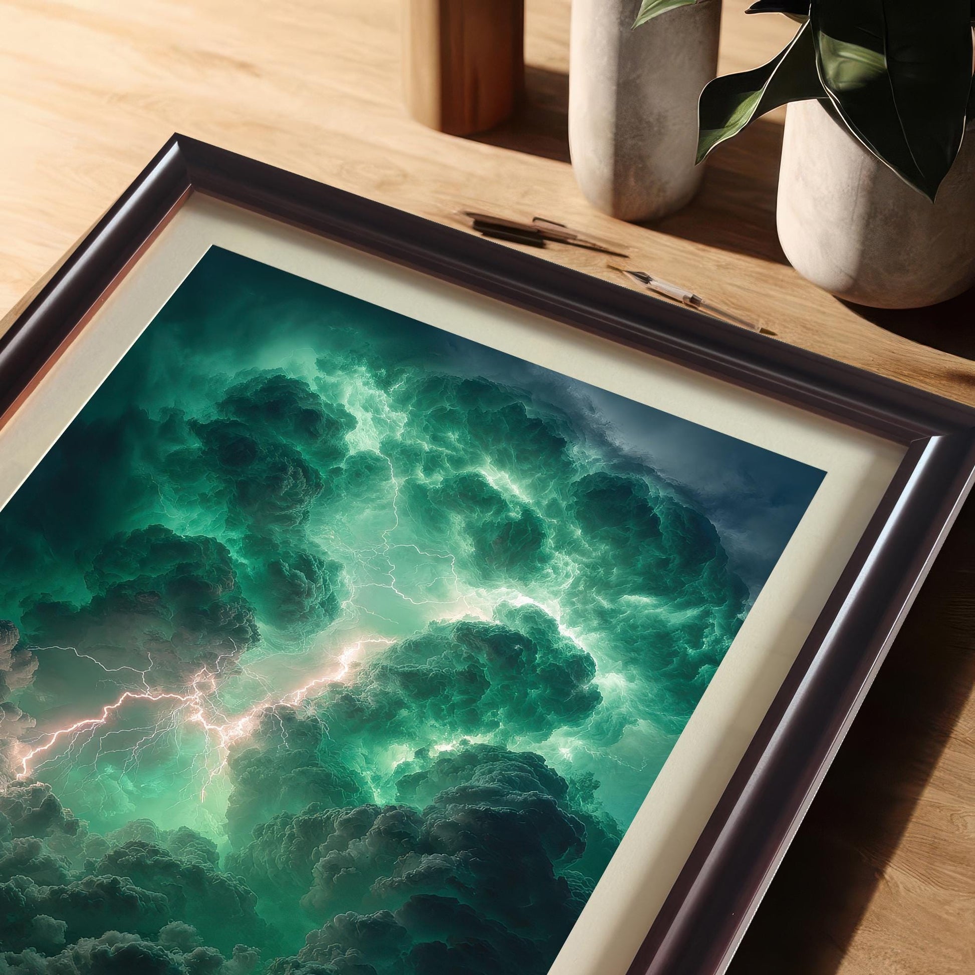 A close-up, angled view of the framed art print of green storm clouds and lightning resting on a wooden desk. The frame is Coffee (dark brown) with a cream-colored mat (Mount). The background shows desk accessories and a potted plant.