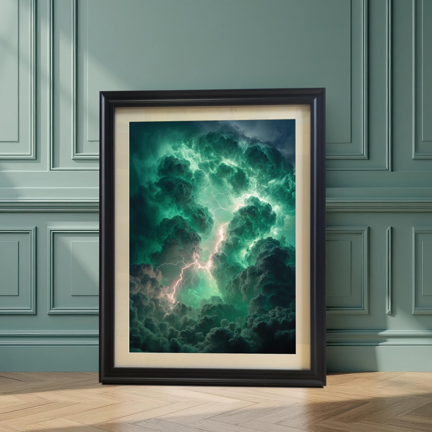 A framed art print of dramatic green and dark storm clouds with lightning, including a cream-colored mat, leaning against a wainscoted wall painted in a dark sage green color. The frame is Black.