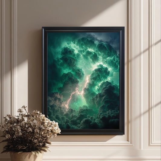 A framed art print of dramatic green and dark storm clouds with lightning hanging on a classic white wall with paneling, next to a large potted white dried flower arrangement. The frame is Black.
