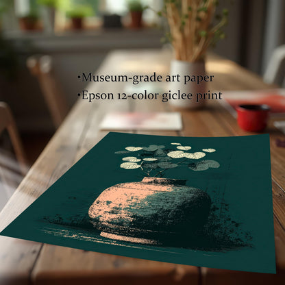A close-up of a high-quality print of the vase art, resting on a rustic wooden table. Text highlights the quality: Museum-grade art paper and Epson 12-color giclee print.