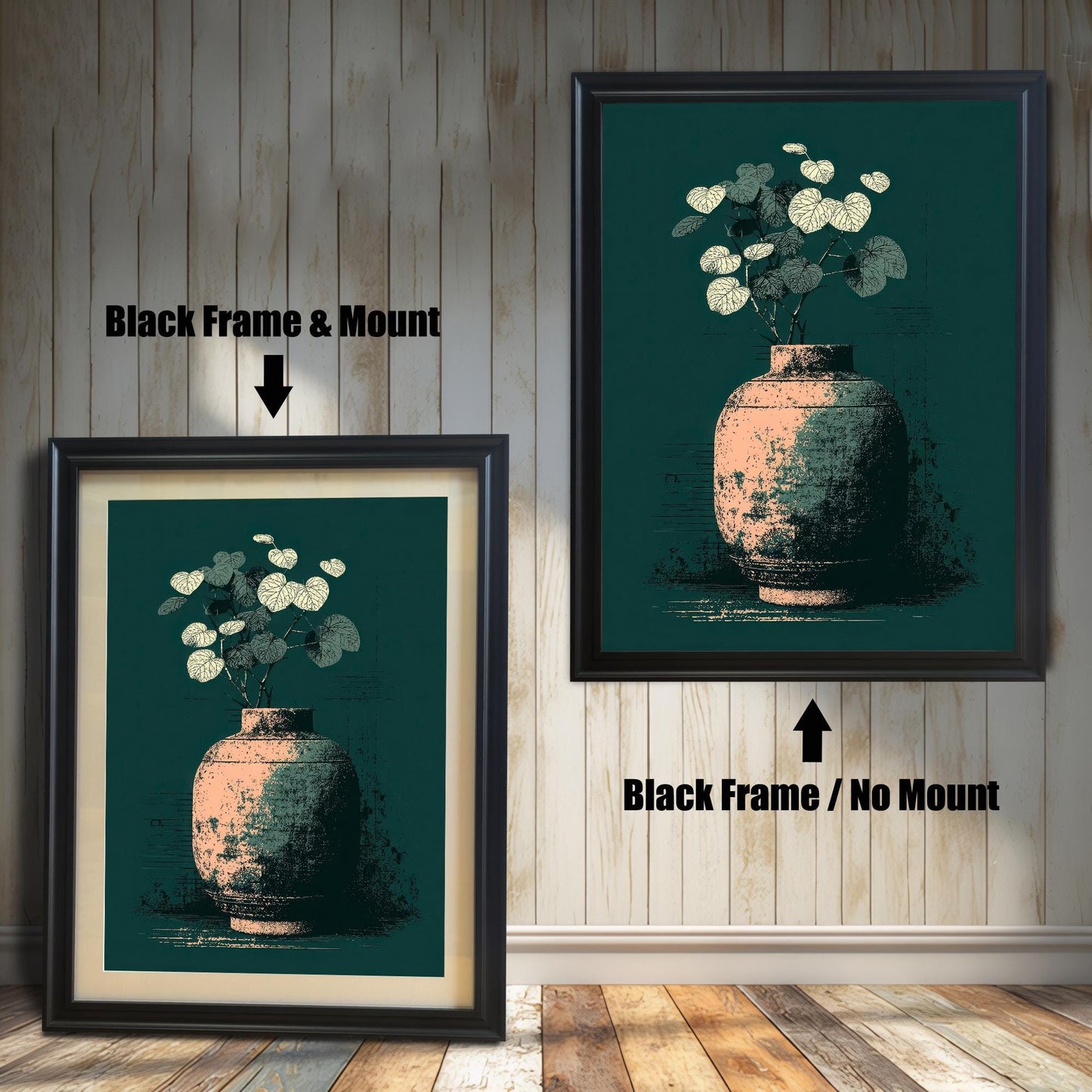 Two examples of the vase art print on a rustic wood-paneled wall. The left print shows a Black Frame & Mount (matting) around the image. The right print shows a Black Frame / No Mount.