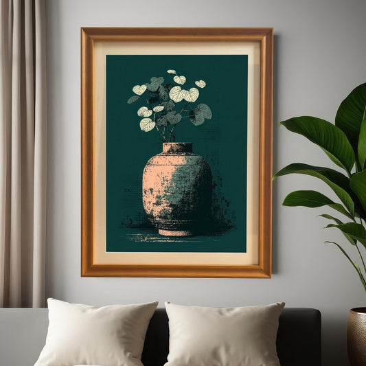 A framed art print of a vase illustration hanging on a gray wall above a bed with white pillows and a gray comforter. The frame is Orange (light brown wood color).