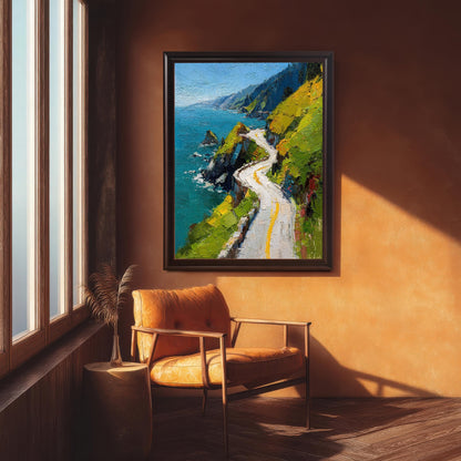 A framed print of a vibrant oil painting depicting a winding coastal road with bright green and yellow cliffs overlooking turquoise blue ocean water. The print hangs above an orange leather armchair next to a window in a room with warm, earthy tones. The frame is Coffee (dark brown).