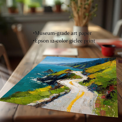 A close-up of a high-quality print of the coastal road art, featuring thick, visible brushstrokes. Text highlights the quality: Museum-grade art paper and Epson 12-color giclee print. The print rests on a wooden table.