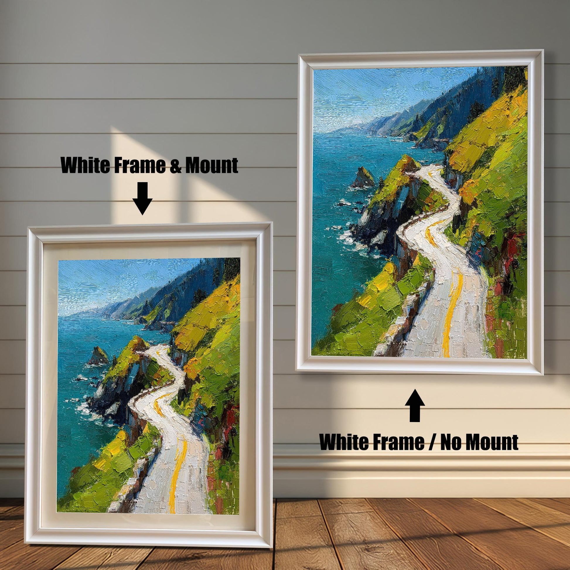 Two examples of the coastal road art print on a shiplap wall. The left print shows a White Frame & Mount (matting). The right print shows a White Frame / No Mount.