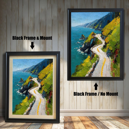 Two examples of the coastal road art print on a rustic wood-paneled wall. The left print shows a Black Frame & Mount (matting) around the image. The right print shows a Black Frame / No Mount.
