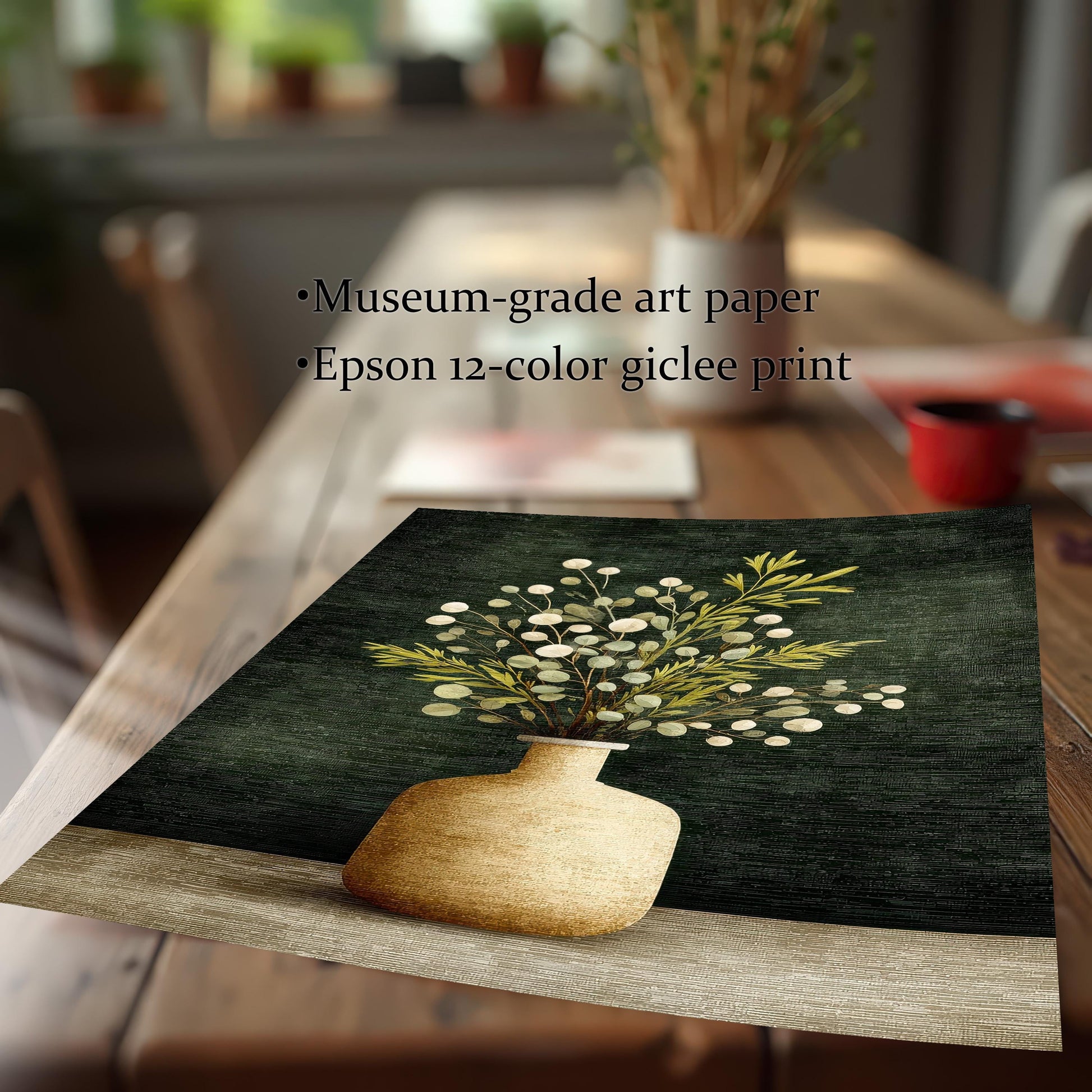 A detail shot of the art print laying on a wooden table, showing the texture and quality of the print. Text reads: ""Museum-grade art paper,"" ""Epson 12-color giclee print.""