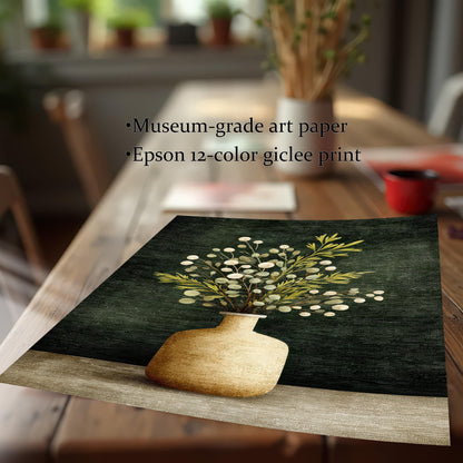 A detail shot of the art print laying on a wooden table, showing the texture and quality of the print. Text reads: ""Museum-grade art paper,"" ""Epson 12-color giclee print.""