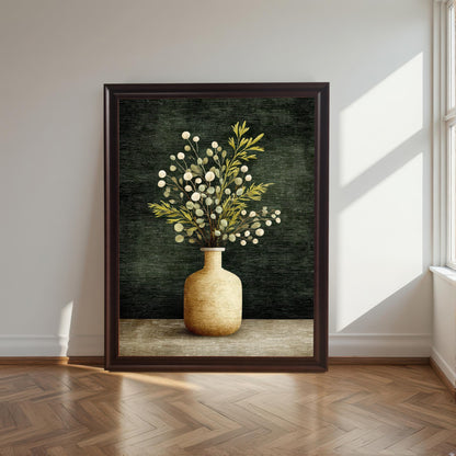 A large framed art print of a vase with foliage, resting on a herringbone wood floor against a white wall near a window. The frame is a dark brown (Coffee) wood.