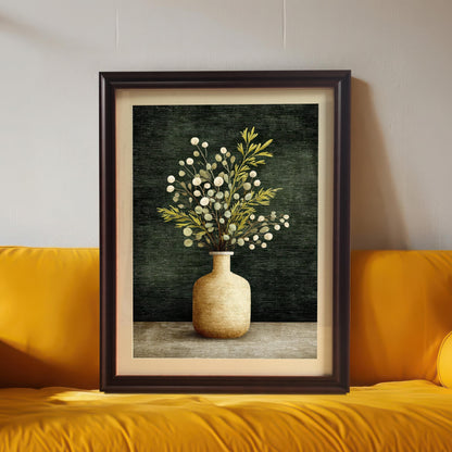 A framed art print of a vase with green and white foliage, leaning against a gray wall and resting on a bright yellow sofa. The frame is a dark brown (Coffee) wood.