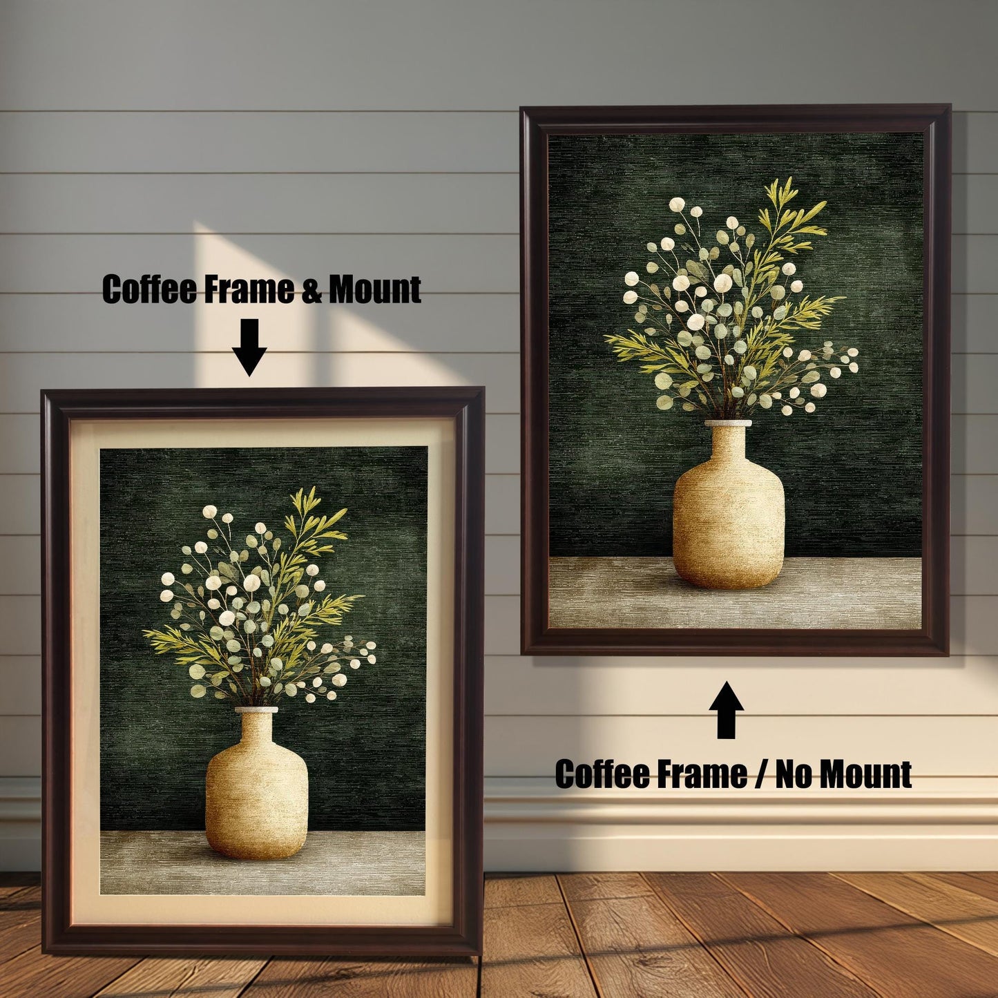 Comparison image showing the art print in a Coffee Frame. On the left: ""Coffee Frame & Mount"" (with a white border/mat). On the right: ""Coffee Frame / No Mount"" (without a border/mat).