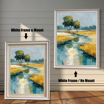 Comparison image showing the abstract landscape art print in a White Frame. On the left: ""White Frame & Mount"" (with a light border/mat). On the right: ""White Frame / No Mount"" (without a border/mat).