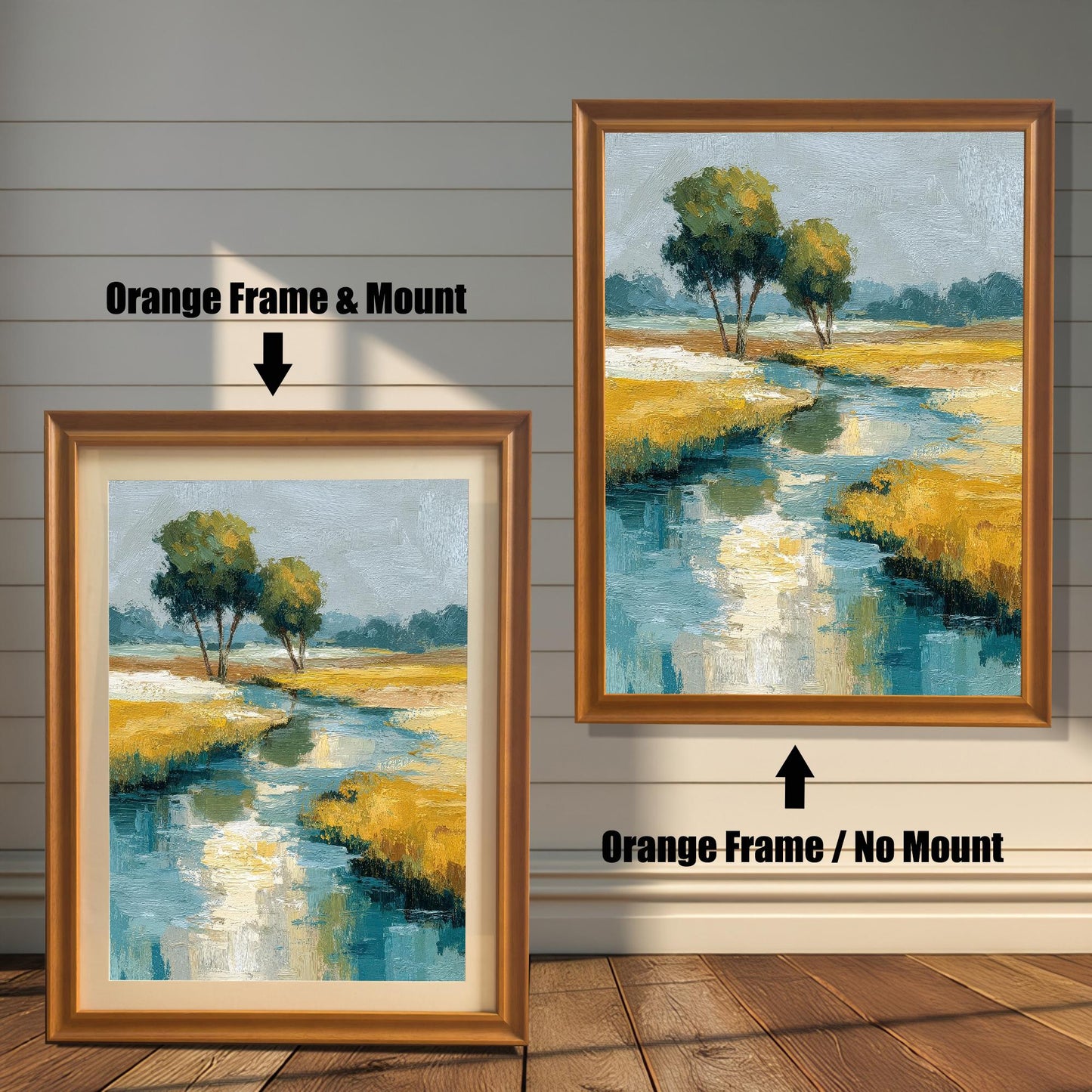 Comparison image showing the abstract landscape art print in an Orange Frame. On the left: ""Orange Frame & Mount"" (with a light border/mat). On the right: ""Orange Frame / No Mount"" (without a border/mat).